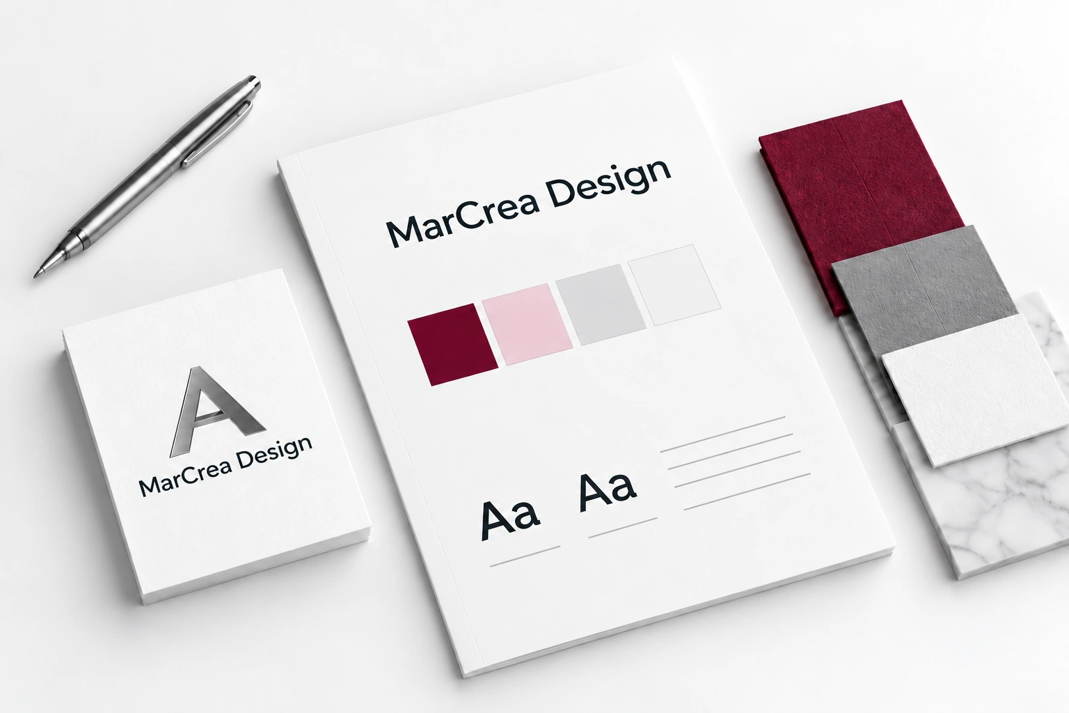 MarCrea Design identity work, business card, typography and color samples